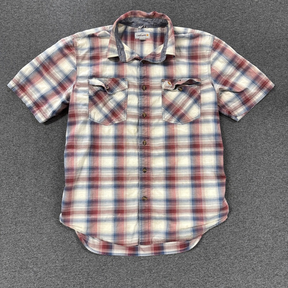 Modern Carhartt Plaid Button Down Mens Large Red Good Short Sleeve Work Shirt
